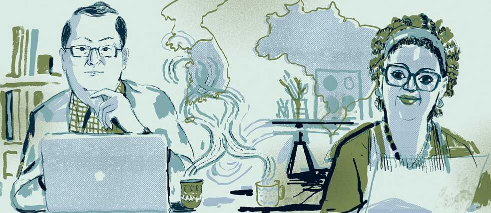 Illustration of Kwang Sun Joo (left) and Rosana Paulino (right) 