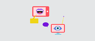 插圖：一張嘴在平板電腦、上一隻眼睛在電視裡，兩個都配有一個對話框