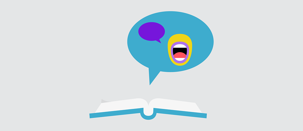 Illustration: Speech bubble above a book containing a mouth with another speech bubble