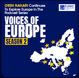 The European flag as background with Europe as a white map above. To the left of the map of Europe is "Voices of Europe", and "season two". 