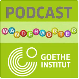 A green square, divided into three areas: At the top it says podcast, in the middle the word Wanderwörter is written per letter in colorful balls, at the bottom the logo of the Goethe-Institut. 