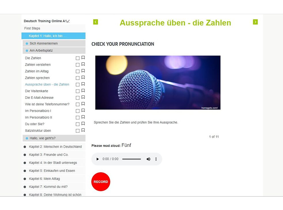 El Entrenamiento de Alemán en línea también incluye ejercicios de pronunciación.