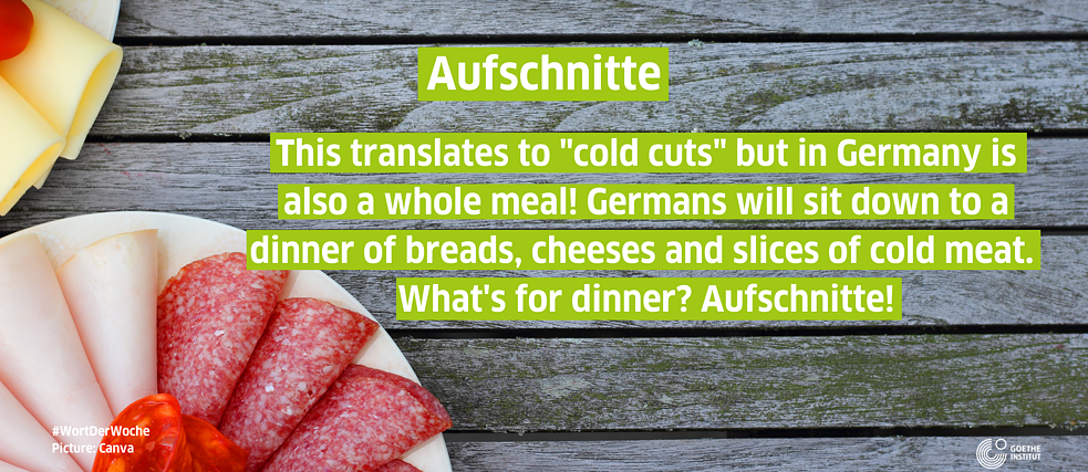 Text is a definition of the German word Aufschnitte, which means cold cuts. The picture shows a plate of cold meats such as salami and slices of cheese against a grey wooden background