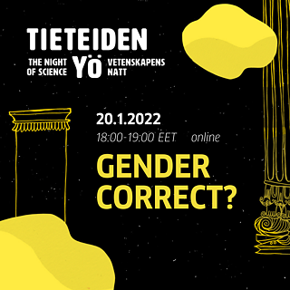 Eine Illustration mit gelben Sternen, Säulen und Wolken auf schwarzen Hintergrund. Mit Text Nacht der Wissenschaften und Details zur Veranstaltung.