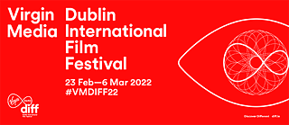 A red banner with white script on the left side, reading: Virgin Media Dublin International Film Festival 23 Feb - 6 Mar 2022 #VMDIFF22, underneath  is a white logo, reading Virgin media DIFF, on the right side is a white spheric design