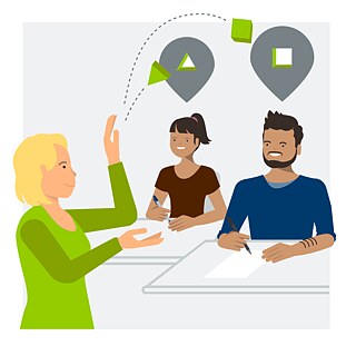 Illustration:  Kursleiterin wirft Teilnehmenden passende Lösung zu.