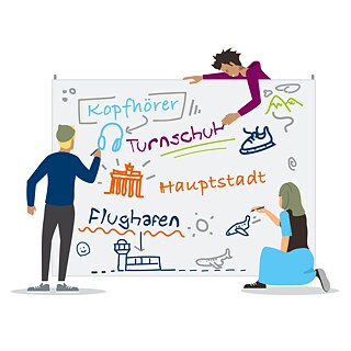 Illustration:  Jugendliche zeichnen und schreiben an eine Tafel.