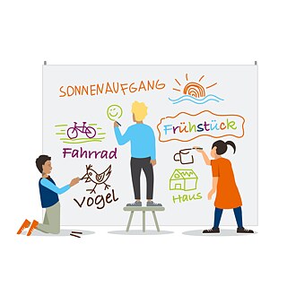Illustration:  Kinder zeichnen und schreiben an eine Tafel.
