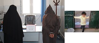 Two images. The photo on the left shows two people with their back to the camera facing an empty desk and chair. The person on the right is wearing a brown robe and is handcuffed. The image on the right depicts a young girl looking at the camera.