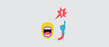 Illustration: Ein geöffneter Mund, ein Arm der auf eine gezackte Sprechblase weist, in der Sprechblase ein Ausfrufzeichen