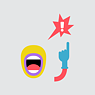 Illustration: Ein geöffneter Mund, ein Arm der auf eine gezackte Sprechblase weist, in der Sprechblase ein Ausfrufzeichen