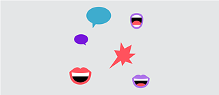 Illustration: Several mouths and speech bubbles of different colours and shapes