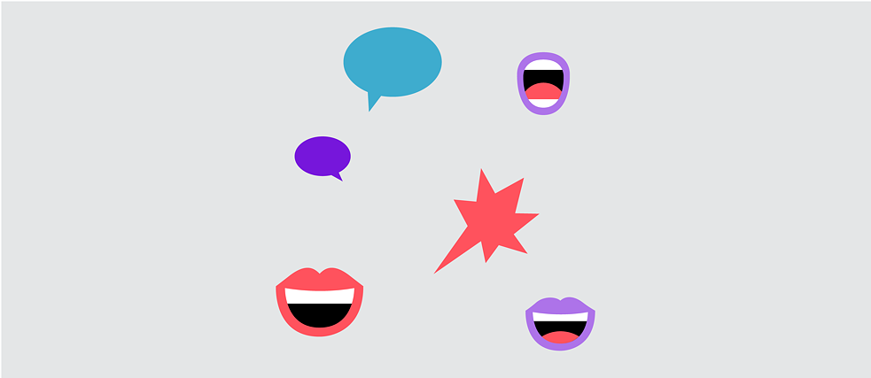 Illustration: Several mouths and speech bubbles of different colours and shapes