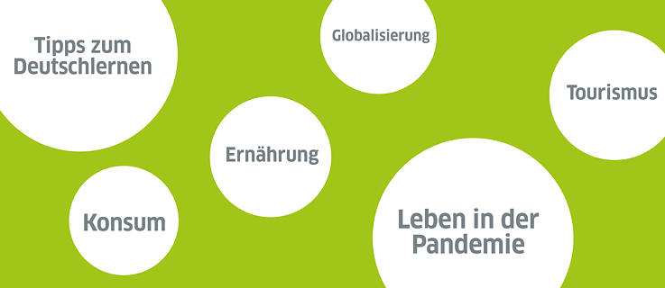 White circles on green background. Insides are the topics of the German Club: Life during the Pandemic, Tips in Learning German, Globalization, Nutrition, Consumption, Tourism