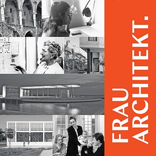 Στο δεξί μέρος της εικόνας αναγράφεται το λεκτικό "Frau Architekt" σε άσπρα γράμματα πάνω σε πορτοκαλί φόντο. Η υπόλοιπη εικόνα αποτελείτα από κολλάζ μαυρόασπρων φωτογραφιών, που απεικονίζουν αρχιτεκτονικά σχέδια και έργα, καθώς και γυναίκες αρχιτέκτονες εν ώρα εργασίας.