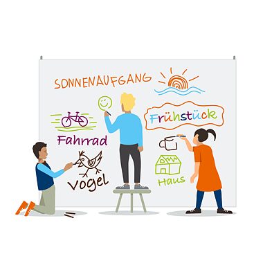 Illustration:  Kinder zeichnen und schreiben an eine Tafel.