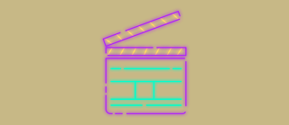 Grafik af en filmklappe i neonfarver.