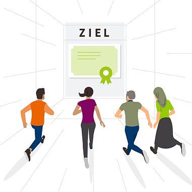 Illustration:  Dynamische junge Leute laufen auf ein gemeinsames Ziel zu.