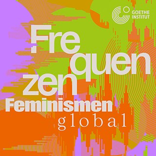 The key visual of the festival " Frequencies. Sharing Feminisms". Diverse fonts and bright colors visualize the concept of frequencies.