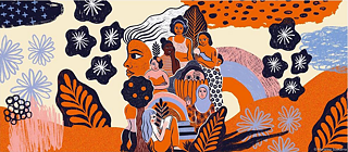Drawing in orange and blue tones with several women of different skin colors. The women are standing in the middle of the picture. One of the women is reading a book, another wears a headscarf and greets, another has a baby in her arms. Around them are stars, flowers and leaves.