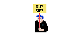 Illustration: Person holding a sign saying "Du? Sie?"