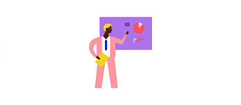 Illustration: Person in front of presentation with different diagrams