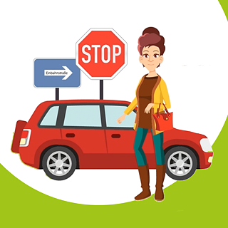 A woman with a handbag is standing in front of a red car. Behind it are two German traffic signs.