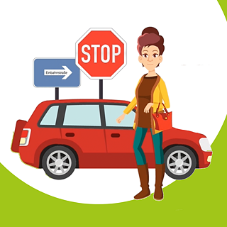 Eine Frau mit Handtasche steht vor einem roten Auto. Dahinter stehen zwei deutsche Verkehrsschilder.