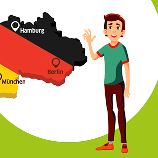 A boy in blue t-shirt and brown pants shows a picture of Germany