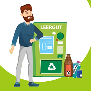 Ein Mann steht neben einem Automaten mit der Aufschrift „Leergut“. Auf dem Boden stehen Flaschen und Dosen.