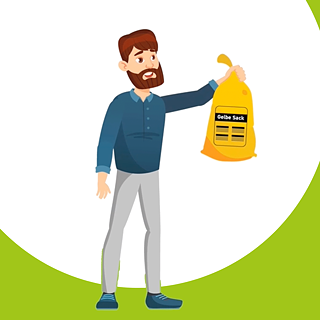 A man is holding a yellow garbage bag.