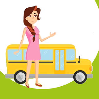 A girl is standing in front of a bus.