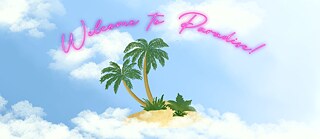Cartoon illustration of a small island with two palm trees floating in a cloudy sky with the a neon banner above that says “Welcome to paradise”