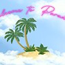 Cartoon-Illustration einer kleinen Insel mit zwei Palmen, die in einem bewölkten Himmel schweben