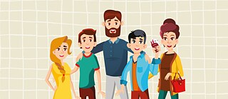 Illustration, die zwei Erwachsene und drei Jugendliche zeigt. Kawin hält seinen Pass und Flugtickets in der Hand.