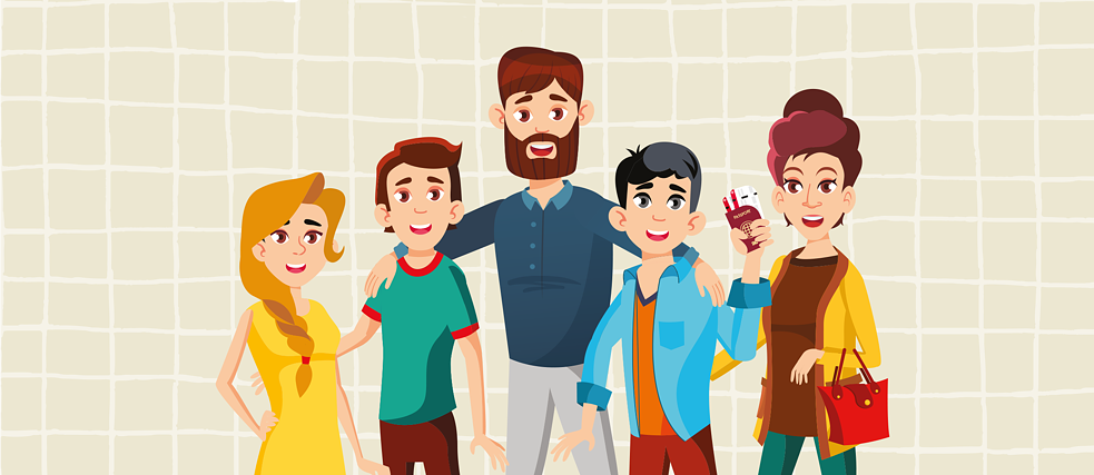 Kawin in Germany Illustration showing two adults and three teenagers. Kawin is holding his passport and flight tickets.