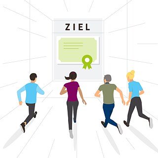 Illustration:  Dynamische junge Leute laufen auf ein gemeinsames Ziel zu.