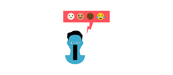 Illustratie: Persoon met wijd open rechthoekige mond, tekstballon met lachende emoji's van verschillende huidskleuren