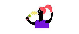 Illustration: Female person with open mouth and jagged speech bubble, a microphone in her right hand, the right hand is raised