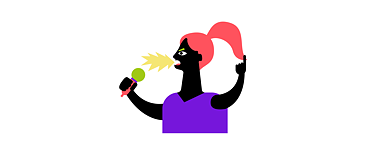 일러스트: 벌리고 있는 입, 뾰족한 말풍선 그리고 마이크를 든 오른손을 들고 있는 여성