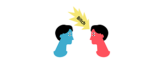 Illustration: two faces looking at each other, in between a jagged speech bubble with the word “Bitch”