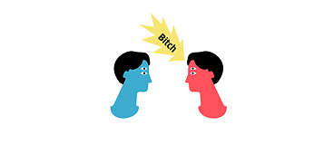 일러스트: 서로를 바라보는 두 얼굴 사이에 뾰족한 말풍선으로 '비치'라는 단어가 들어 있다.