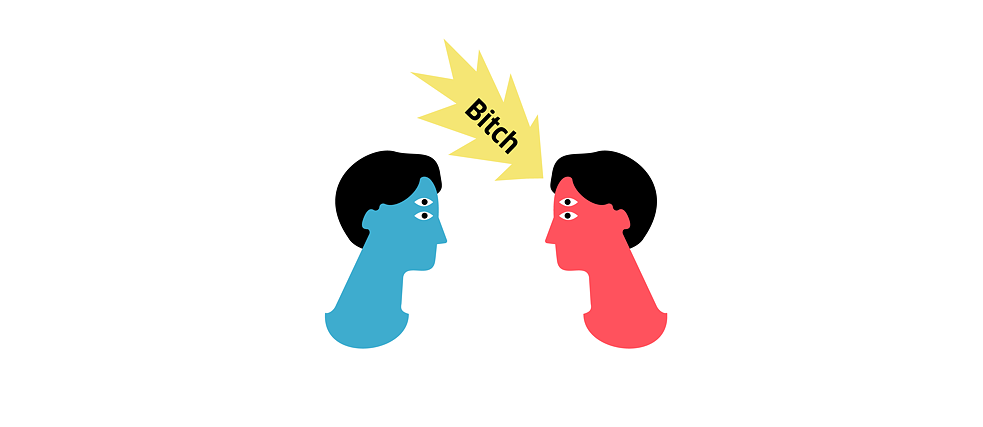 Illustration: zwei Gesichter blicken sich an, dazwischen eine gezackte Sprechblase mit dem Schrfitzug „Bitch“
