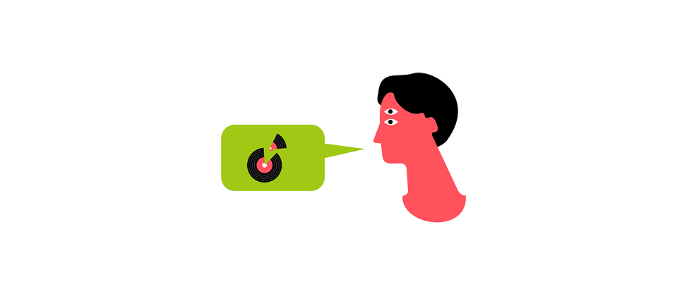 Illustration: Eine Person mit Sprechblase, die eine zerbrochene Vinyl-Schallplatte enthält