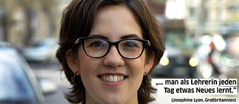 Gesicht einer Frau mit Zitat 'ich unterrichte Deutsch weil, man als Lehrerin jeden Tag was neues lernt'