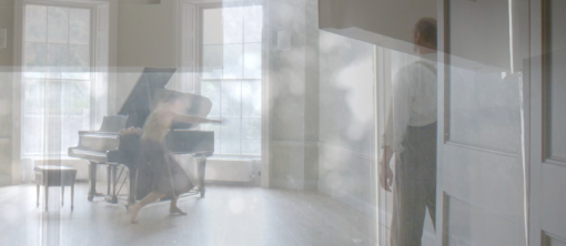 Two overlapping images. A man in the doorway and a woman in front of a piano.
