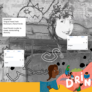 An picture of screenshot from translating tools on a background with a woman's face on it