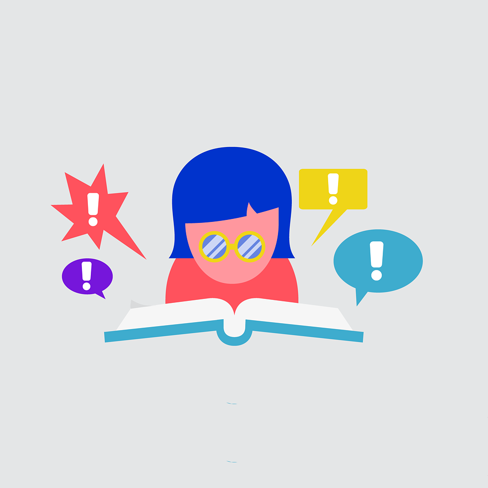 Illustration:Person in front of a book, speech bubbles with exclamation mark