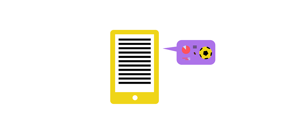 Illustration: Ein Mobilgerät mit Sprechblase, die einen Ball und Statistiken enthält