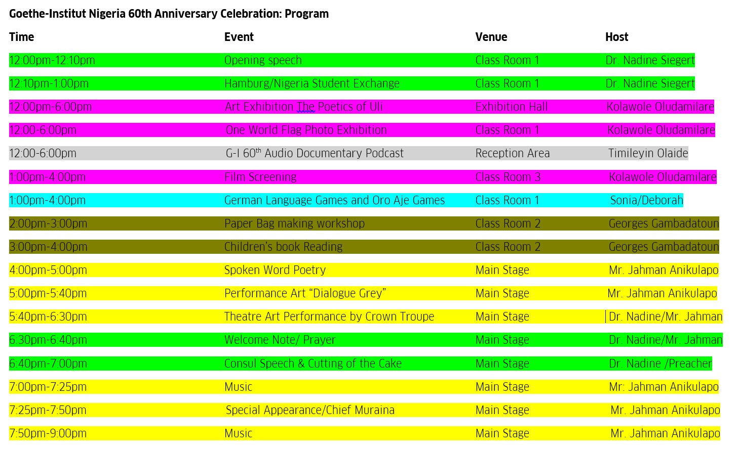 Agenda and room allocation